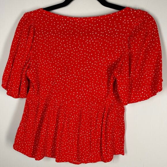 Takara, Size Small, Red Mini Polka Dot Cropped Blouse, Tie Front, Flutter Sleeve - Picture 4 of 5